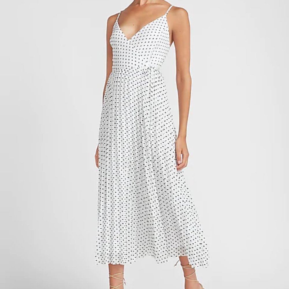 Express Polka Dot Pleated Wrap Midi Dress - Large
